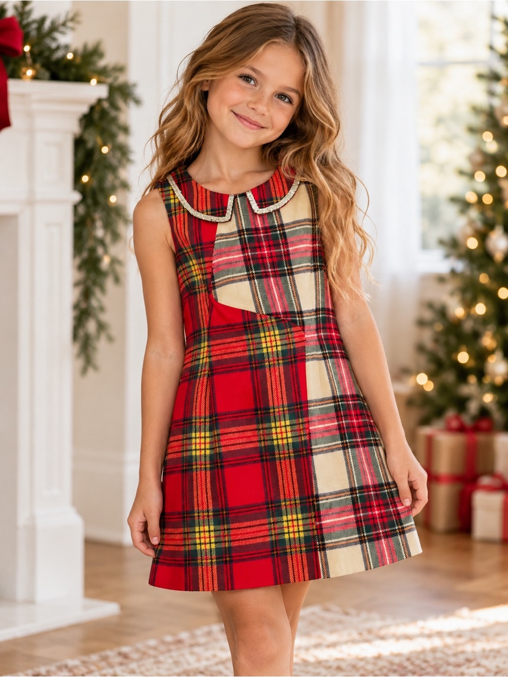 Princess Vera Wang Girls Size 7 Plaid Sleeveless Dress Tartan Sequin Collar